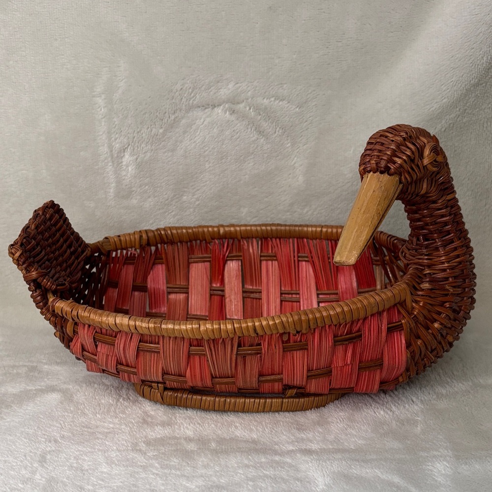 Vintage Woven Wicker Duck Basket Pink and Brown with Wood Bill Key Holder Shelf